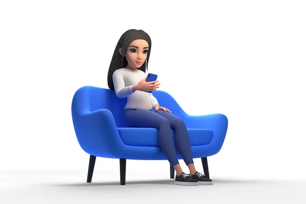 穿着白色毛衣和牛仔裤的可爱的卡通女郎躺在扶手椅上 手里拿着一部白色背景的手机 简约主义风格的女人人物形象说明 3D渲染 — 图库照片