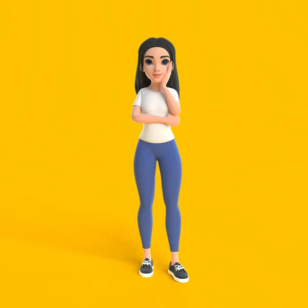 Cartoon cute girl in a white t-shirt and jeans props her head up with her hand and thinking about something on a yellow background. Woman in minimalist style. People characters illustration. 3d render