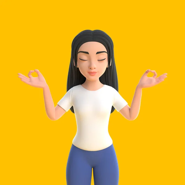 Cartoon Girl White Shirt Jeans Meditates Yellow Background Meditation Practice — Stock Photo, Image