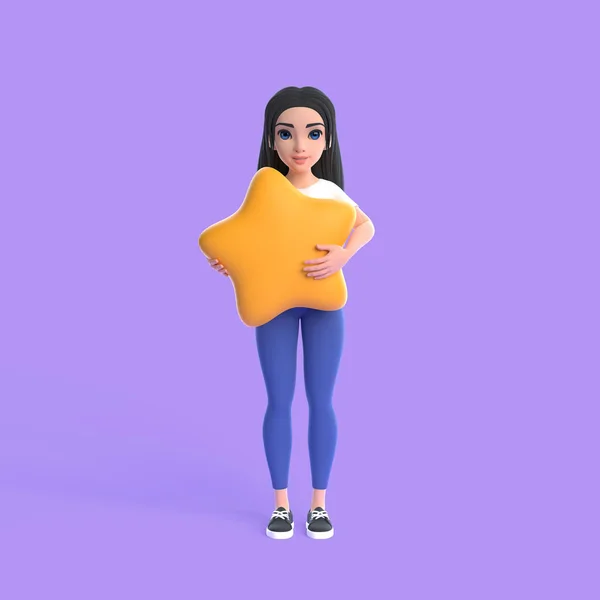 Cartoon funny cute girl in a white T-shirt and jeans holding star shape with her hand on a purple background. Woman in minimalist style. People characters illustration. 3D rendering illustration