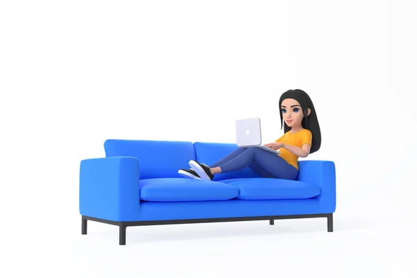 Cartoon Girl Yellow Shirt Jeans Resting Working Blue Sofa Laptop — Stock Photo, Image