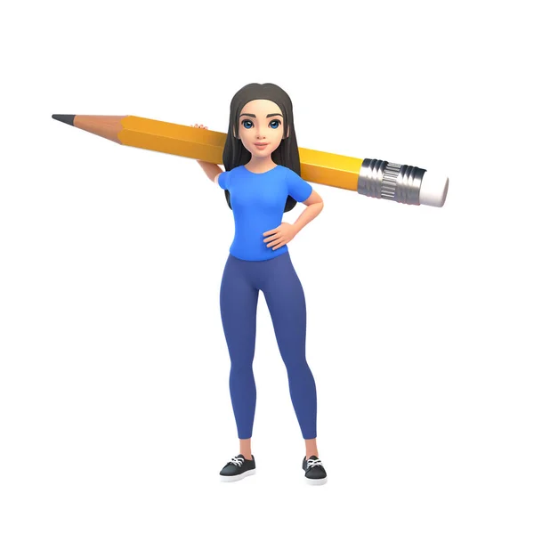 카툰은 티셔츠를 배경에 커다란 연필을 청바지를 귀엽고 귀여운 소녀다 미니멀리즘적 — 스톡 사진