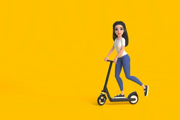 Cartoon Funny Cute Girl White Shirt Jeans Rides Electric Scooter — Stock Photo, Image