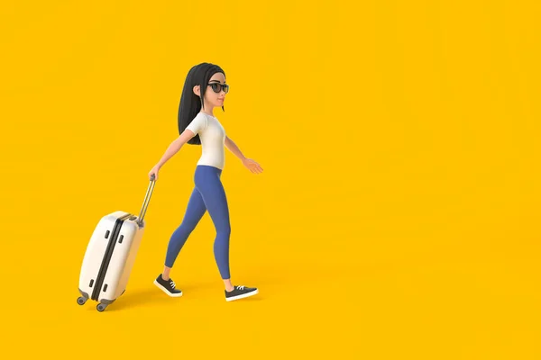 stock image Cartoon funny cute girl in a white t-shirt, jeans and sunglasses walk with suitcase on a yellow background. Woman in minimalist style. People characters illustration. 3D rendering