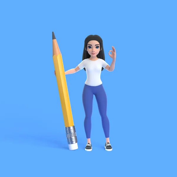 黄色のTシャツとジーンズを着た漫画的な面白いかわいい女の子は 青い背景に巨大な鉛筆を持っています ミニマルなスタイルの女性 人物イラスト 3Dレンダリング図 — ストック写真