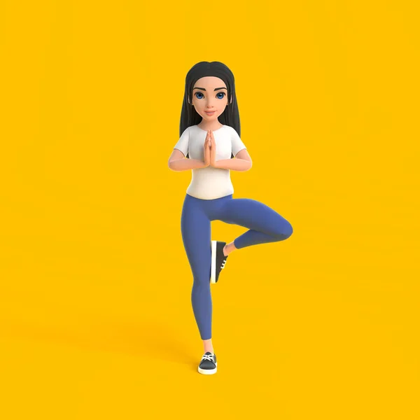 卡通画滑稽可爱的瑜伽女孩 身穿白色T恤 牛仔裤在树上 背景是黄色的 简约主义风格的女人做瑜伽的角色3D渲染说明 — 图库照片