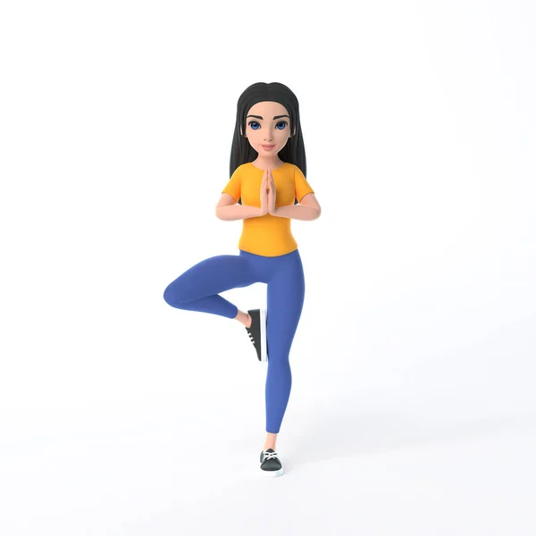 Cartoon Funny Cute Yoga Girl Yellow Shirt Jeans Tree Position — Stock Photo, Image