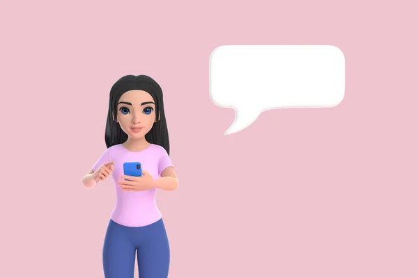 Cartoon funny cute girl in a pink T-shirt and jeans typing at smartphone over pink background with white text box message cloud. Woman in minimalist style. People characters illustration. 3D render
