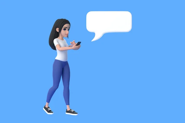 穿着白色T恤和牛仔裤的卡通片可爱的女孩穿着蓝色背景的白色文本框消息云 在智能手机上打字 简约主义风格的女人人物形象说明 3D渲染 — 图库照片