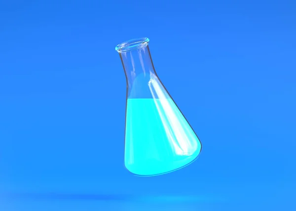 蓝底蓝色液体苍蝇的艾伦迈耶烧瓶 化学瓶 实验室玻璃器皿 最小的概念 3D渲染说明 — 图库照片