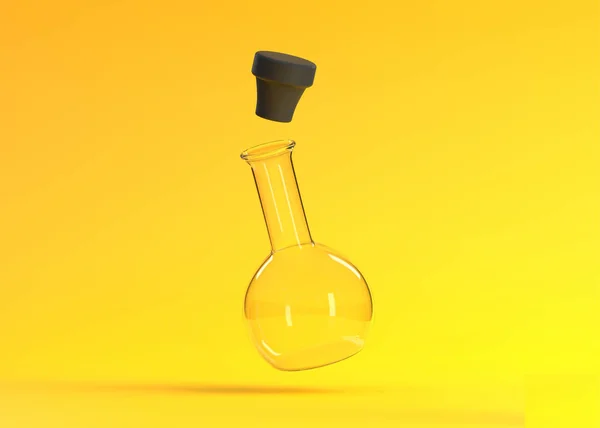 Üres Lombik Sárga Alapon Repül Kémiai Flaska Laboratóriumi Üvegedények Felszerelés — Stock Fotó