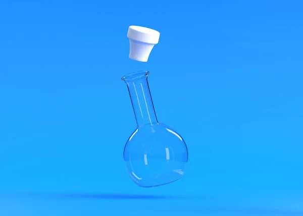 空のフラスコが青い背景に飛びます 化学フラスコ 研究室用ガラス製品 最小限のコンセプト 3Dレンダリング図 — ストック写真