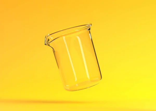 空飞烧杯在黄色的背景上 化学瓶 实验室玻璃器皿 最小的概念 3D渲染说明 — 图库照片