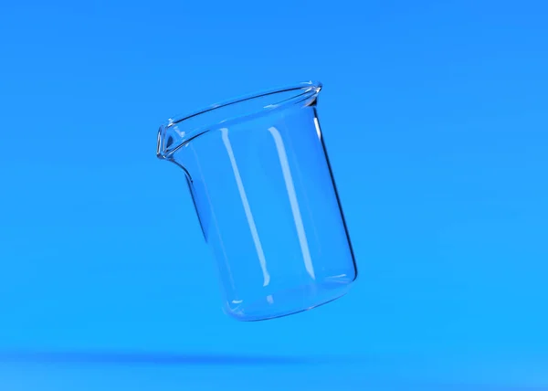 青い背景に空のハエビーカー 化学フラスコ 研究室用ガラス製品 最小限のコンセプト 3Dレンダリング図 — ストック写真