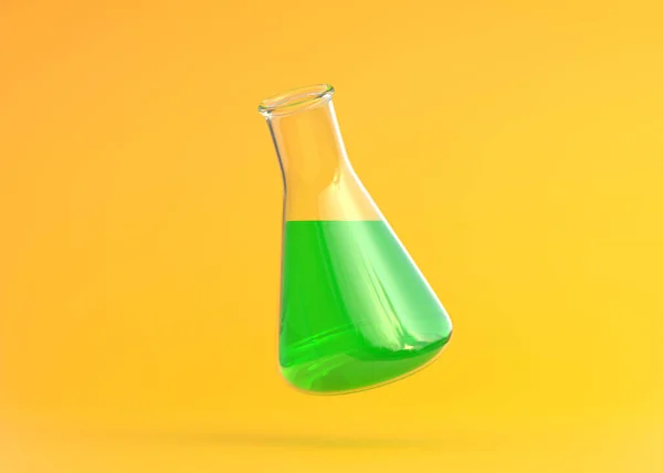 Erlenmeyer Met Groene Vloeistof Vliegt Gele Achtergrond Scheikundekolf Laboratoriumglaswerk Apparatuur — Stockfoto