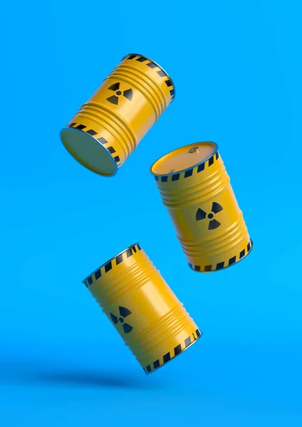放射性廃棄物放射性物質のシンボルを持つ黄色のバレルは青の背景に落ちる 樽の中の核廃棄物 毒性のある樽 創造的な最小限の概念 3Dレンダリング図 — ストック写真