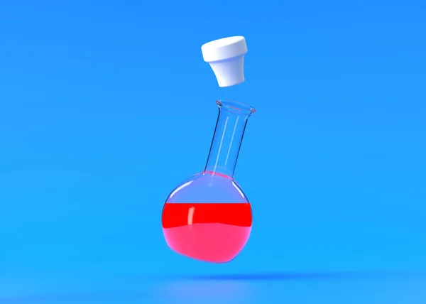 Φιάλη Κόκκινες Υγρές Μύγες Μπλε Φόντο Φιάλη Χημείας Γυαλί Εργαστηρίου — Φωτογραφία Αρχείου