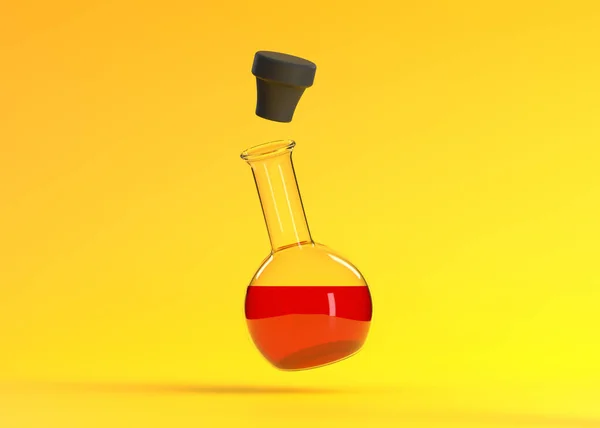 红色液体在黄色背景上飞舞的瓶 化学瓶 实验室玻璃器皿 最小的概念 3D渲染说明 — 图库照片