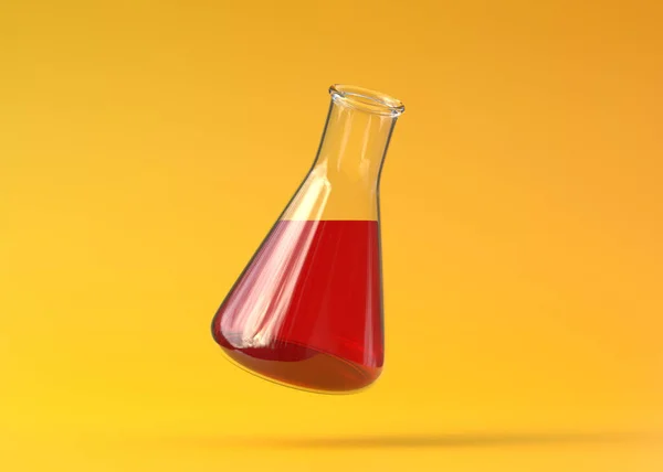 带红色液体苍蝇的艾伦迈耶瓶 黄色背景 化学瓶 实验室玻璃器皿 最小的概念 3D渲染说明 — 图库照片
