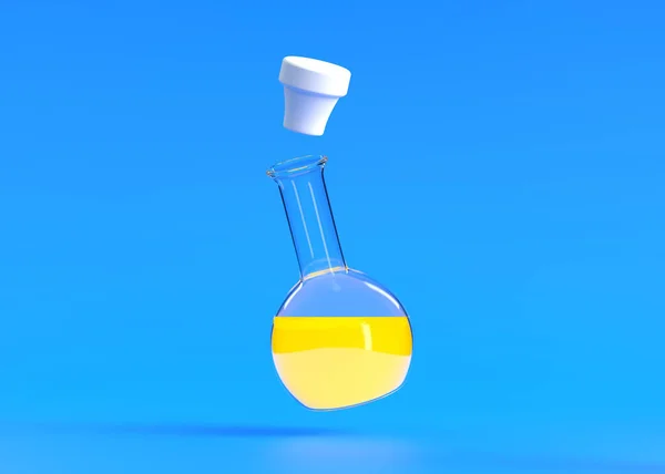 Flask Żółtym Płynem Leci Niebieskim Tle Kolba Chemiczna Szkło Laboratoryjne — Zdjęcie stockowe