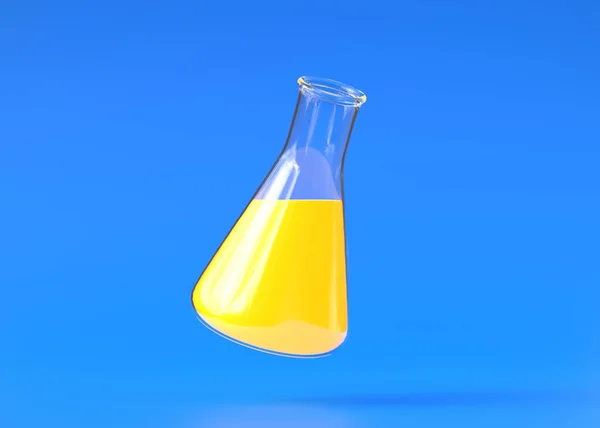 Kolba Erlenmeyera Żółtymi Muchami Niebieskim Tle Kolba Chemiczna Szkło Laboratoryjne — Zdjęcie stockowe