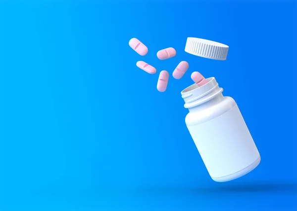 粉色药丸从白色药瓶中溢出 呈蓝色背景 有医疗 制药或药物概念 3D渲染说明 — 图库照片