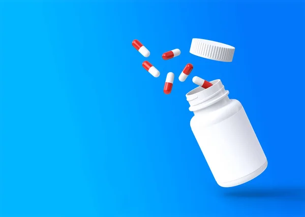 コピースペースのある青い背景の空飛ぶボトルから赤い白い錠剤が爆発します 医学の概念 最小限の抽象概念 3Dレンダリング図 — ストック写真