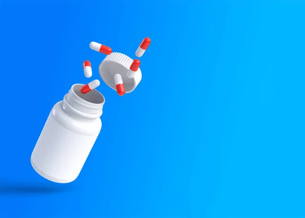 红色和白色的药丸飞出一个蓝色背景的飞行瓶子 并带有复制空间 医学概念 简约的抽象概念 3D渲染说明 — 图库照片