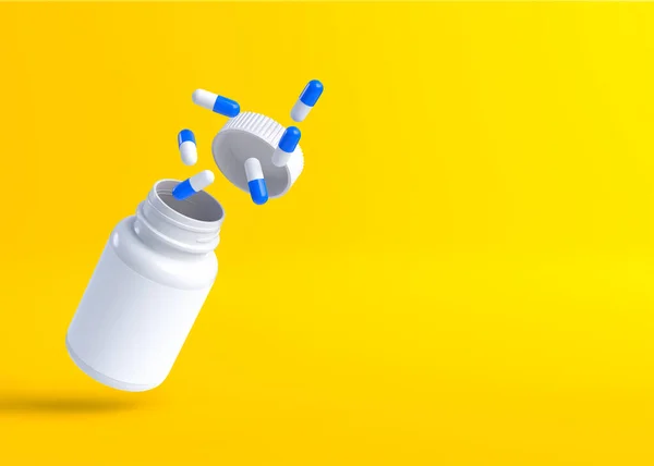青い白いカプセルが黄色の背景に白い薬局のボトルからこぼれ落ちている 医薬品や薬の概念 3Dレンダリング図 — ストック写真