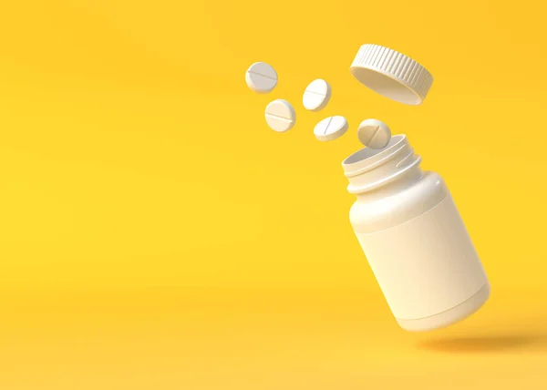 Pilules Volent Hors Bouteille Sur Fond Jaune Avec Pharmacie Concept — Photo