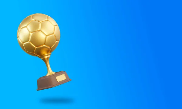 青い背景にサッカートロフィーカップ スポーツトーナメント賞 金賞カップと勝利のコンセプト 3Dレンダリング図 — ストック写真