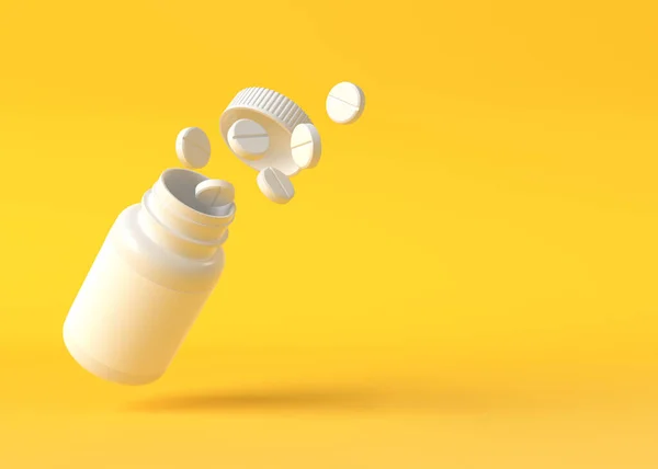 Pillole Volare Fuori Dalla Bottiglia Sfondo Giallo Con Farmacia Concetto — Foto Stock