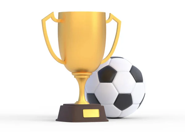 白い背景に孤立したサッカーと黄金のトロフィーカップ スポーツトーナメント賞 金賞カップと勝利のコンセプト 3Dレンダリング図 — ストック写真