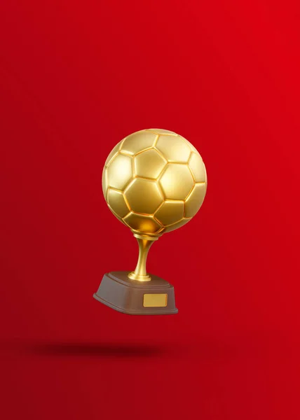 Πετώντας Χρυσό Κύπελλο Τρόπαιο Ποδοσφαίρου Κόκκινο Φόντο Βραβείο Αθλητικού Τουρνουά — Φωτογραφία Αρχείου
