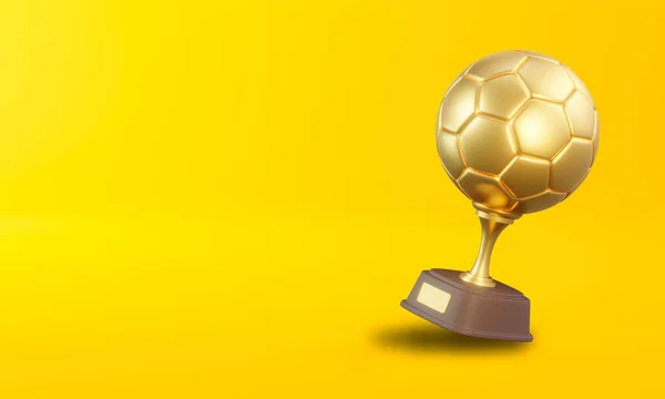 Football trophy cup on yellow background. Sport tournament award, gold winner cup and victory concept. 3d rendering illustration
