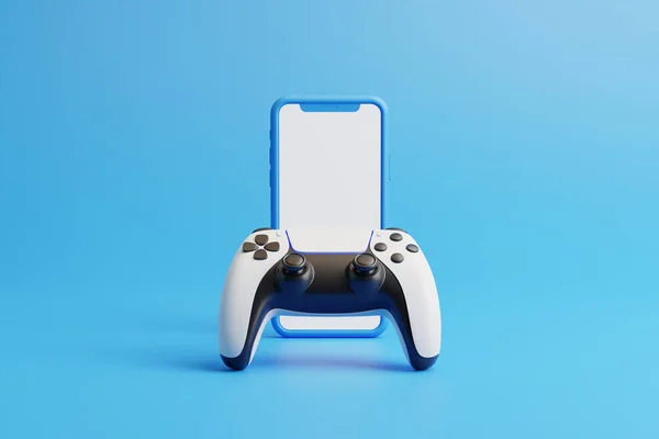 Gamepad Telefon Kék Háttérrel Fénymásoló Hellyel Joystick Videojátékhoz Játékvezérlő Creative — Stock Fotó