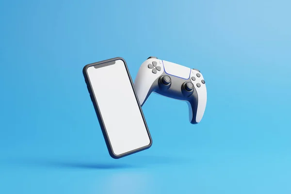 Repülő Gamepad Telefon Kék Háttérrel Fénymásoló Hellyel Joystick Videojátékhoz Játékvezérlő — Stock Fotó