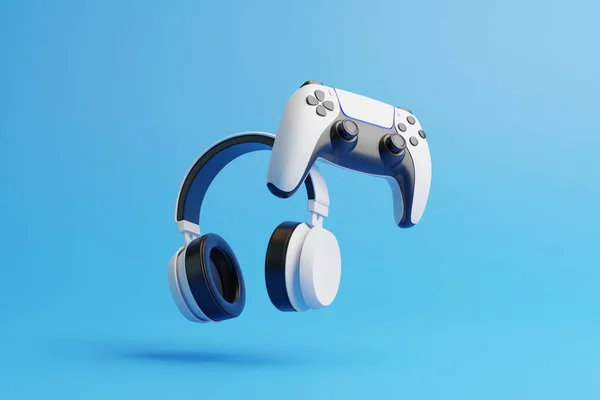 Repülő Gamepad Fejhallgató Kék Háttérrel Fénymásoló Hellyel Joystick Videojátékhoz Játékvezérlő — Stock Fotó