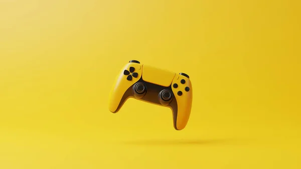 Repülő Gamepad Sárga Háttérrel Fénymásoló Hellyel Joystick Videojátékhoz Játékvezérlő Creative — Stock Fotó