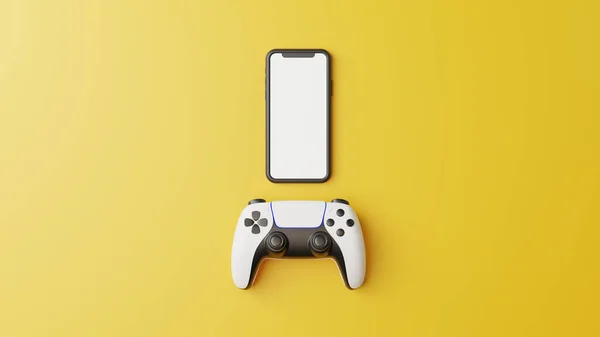 Gamepad Telefon Sárga Háttérrel Fénymásoló Hellyel Joystick Videojátékhoz Játékvezérlő Creative — Stock Fotó