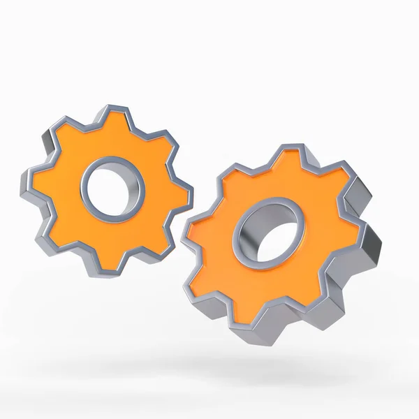 Two Orange Metal Gears Isolated White Background Rendering Illustration — Stock Photo, Image