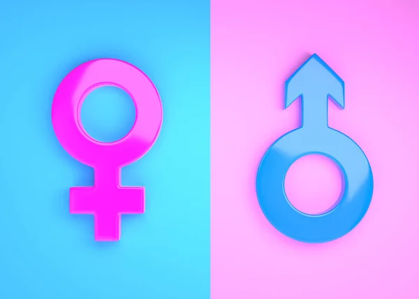 분홍색 파란색 배경에 파스텔 암컷의 상징이다 미니멀리즘적 개념이죠 베누스와 마르스의 — 스톡 사진