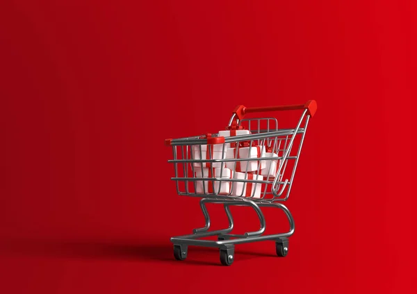 赤い背景にギフトボックスの赤いリボンでいっぱいのショッピングカート 最小限の概念 3Dレンダリング図 — ストック写真