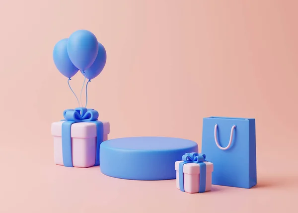 Podium Κουτιά Δώρων Τσάντα Αγορών Και Μπαλόνια Παστέλ Ροζ Φόντο — Φωτογραφία Αρχείου