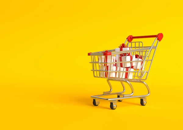 Shopping cart with gift boxes, isolated on yellow background Shopping Trolley. Grocery push cart. Minimalist concept, isolated cart. 3d render illustration