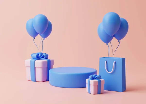 Podyum Hediye Kutuları Alışveriş Çantası Pastel Pembe Arka Planda Balonlar — Stok fotoğraf