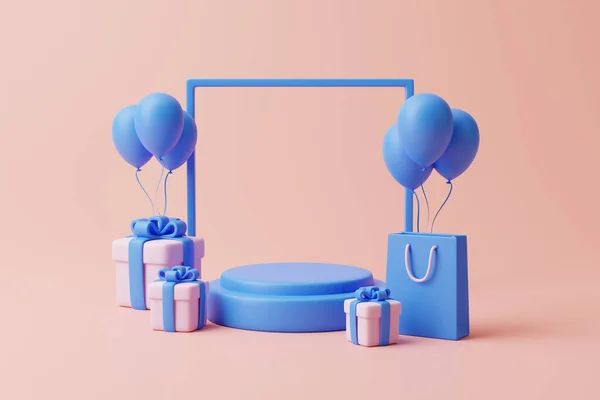 Podium Κουτιά Δώρων Τσάντα Αγορών Μπαλόνια Και Πλαίσιο Παστέλ Ροζ — Φωτογραφία Αρχείου