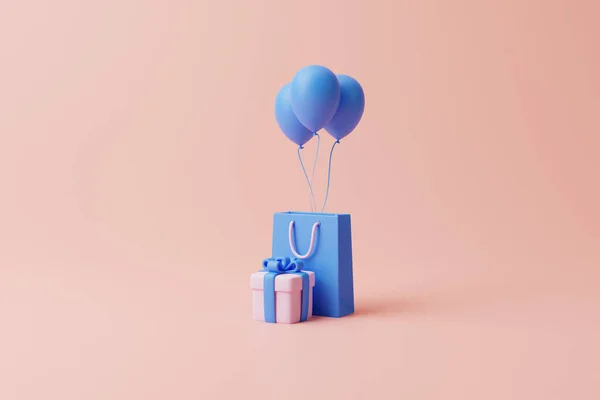 礼品盒 购物袋和气球在粉红的背景上 假日装饰 节日礼物惊喜 最低限度的创意概念 3D渲染说明 — 图库照片