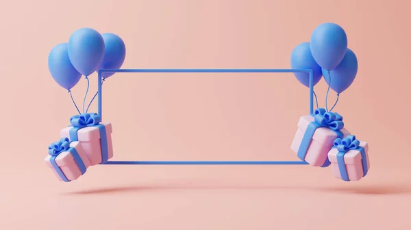 礼品盒 气球和框在粉红的背景上 假日装饰 节日礼物惊喜 最低限度的创意概念 3D渲染说明 — 图库照片