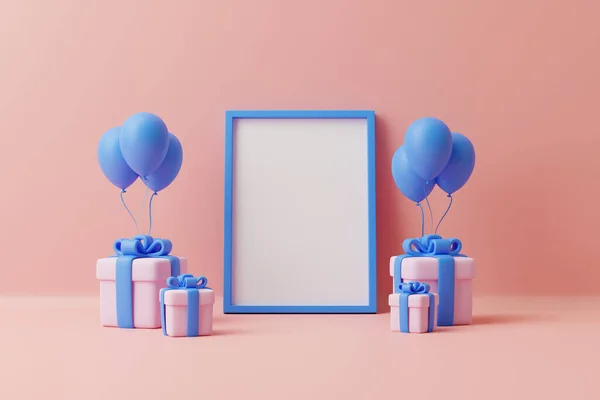礼品盒 气球和肖像框在粉红的背景上 假日装饰 节日礼物惊喜 最低限度的创意概念 3D渲染说明 — 图库照片